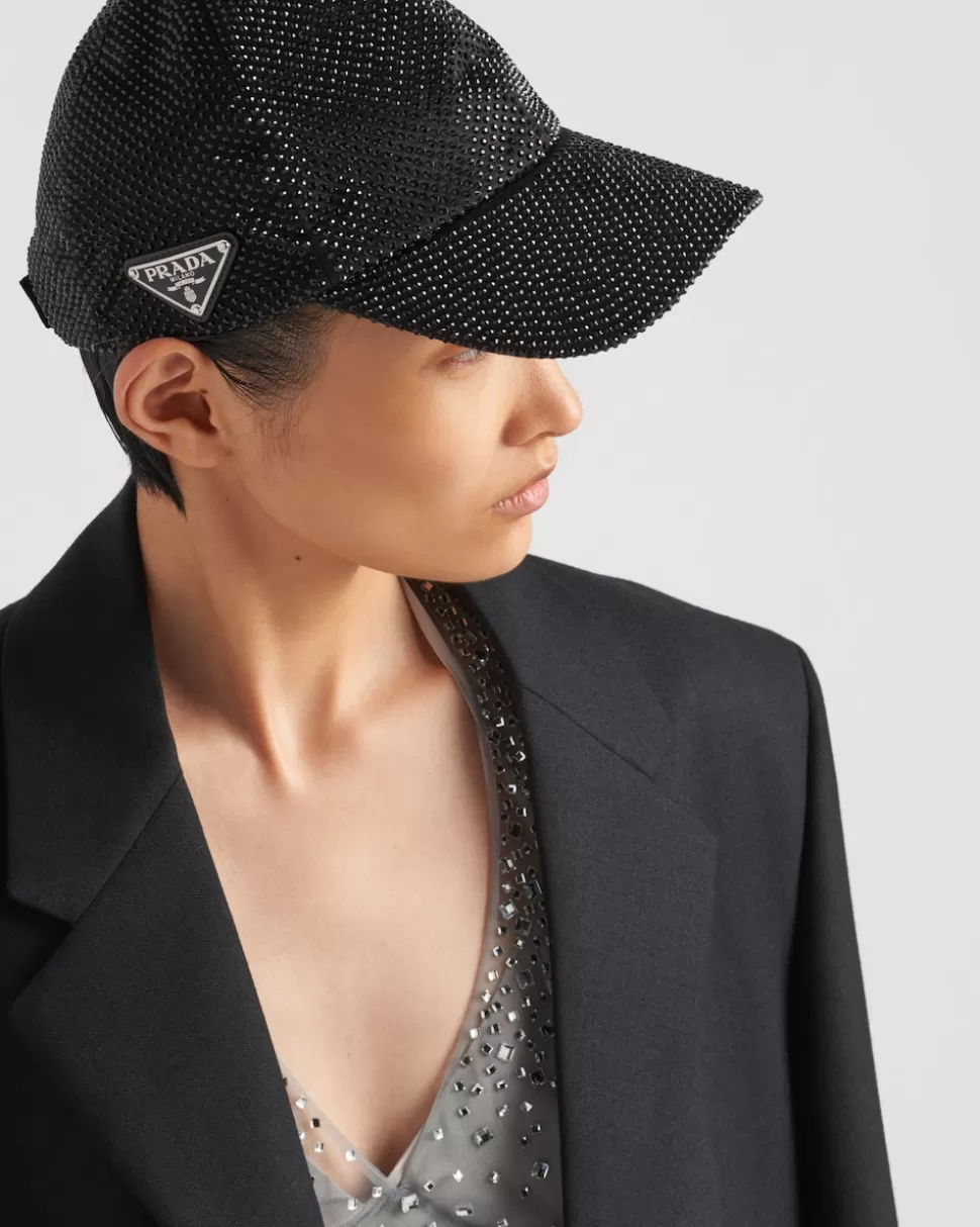 Online Prada Baseballkappe Aus Duchesse Mit Kristallen Schwarz