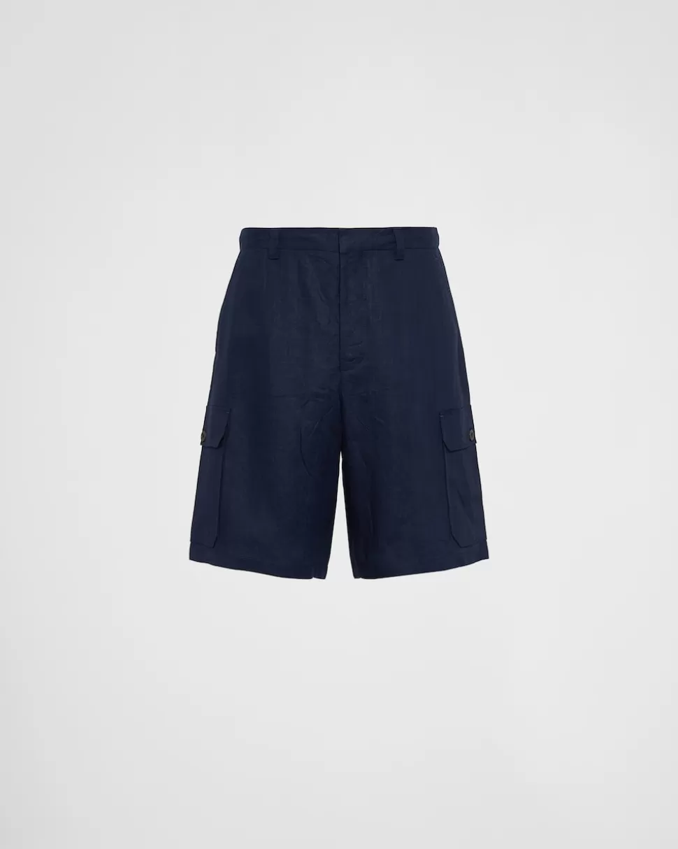 Outlet Prada Bermudas Aus Leinen Blau