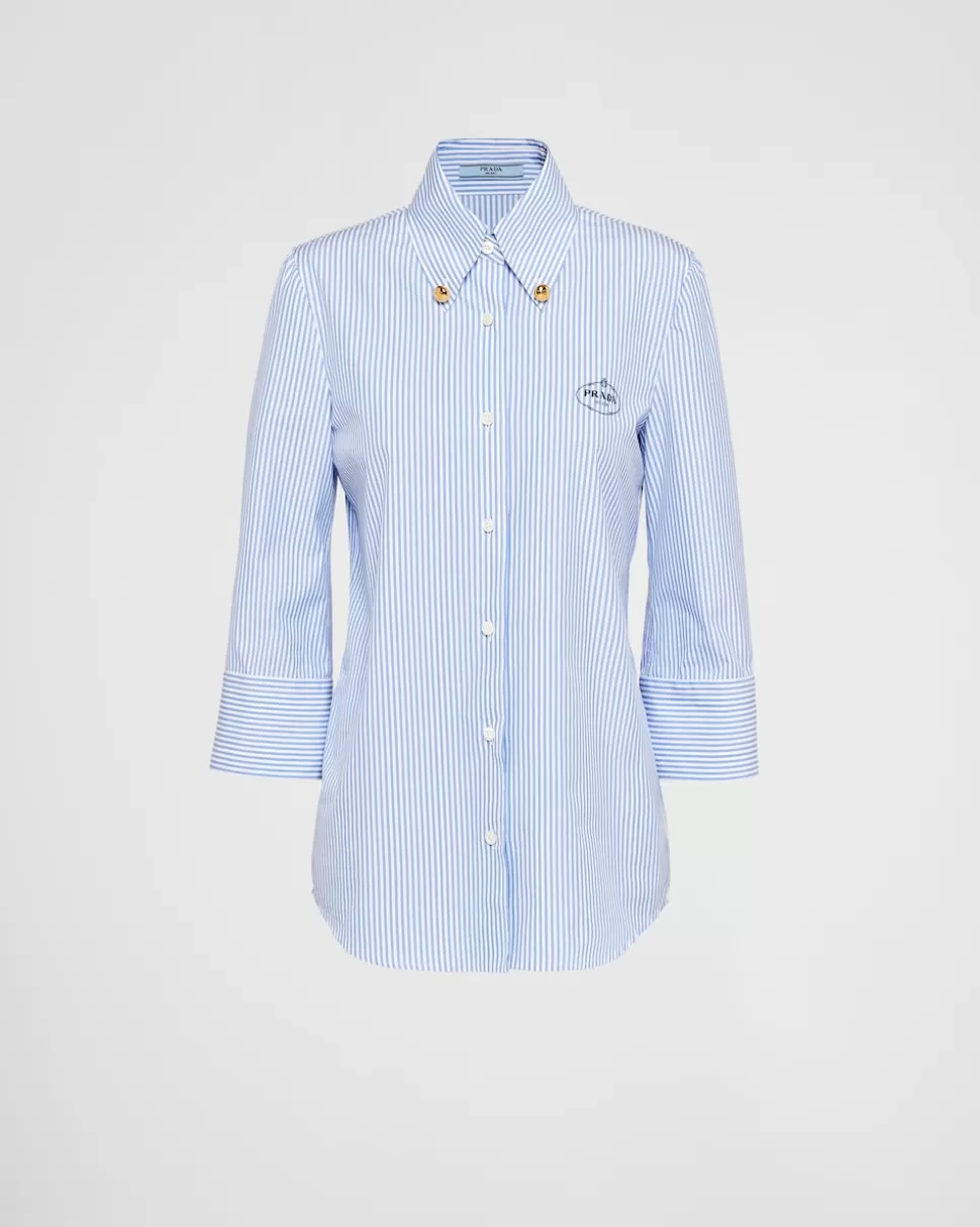 Shop Prada Besticktes Hemd Aus Technischer Baumwolle Mit Streifen Weiss/Hellblau