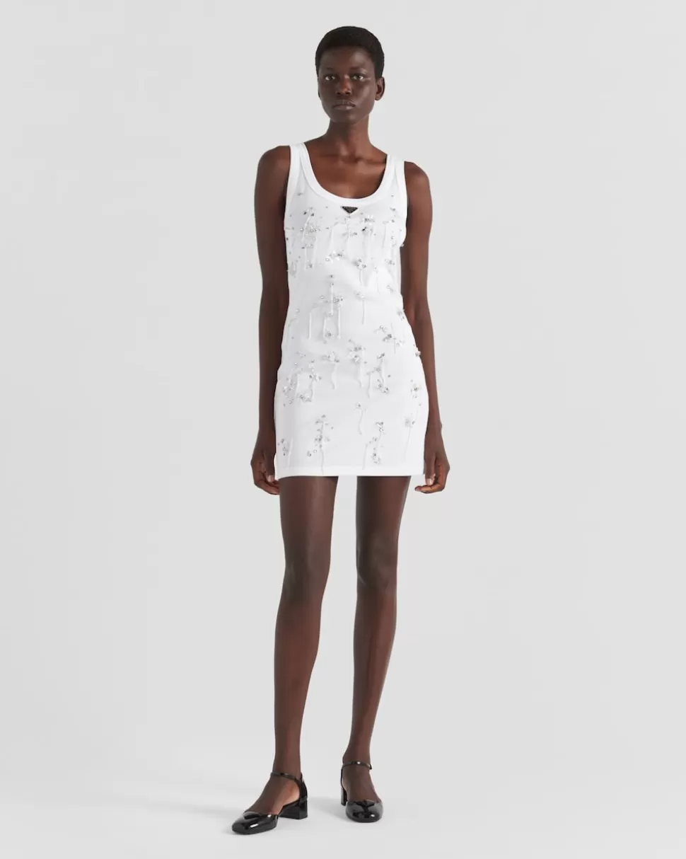Discount Prada Besticktes Kleid Aus Geripptem Jersey Weiss