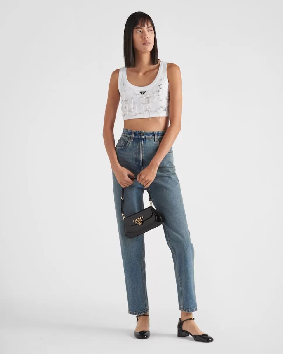 Sale Prada Besticktes Top Aus Geripptem Jersey Weiss