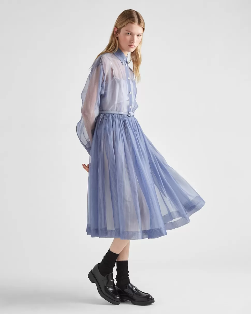 Online Prada Besticktes Und Gestreiftes Kleid Aus Organza Blau/Weiss