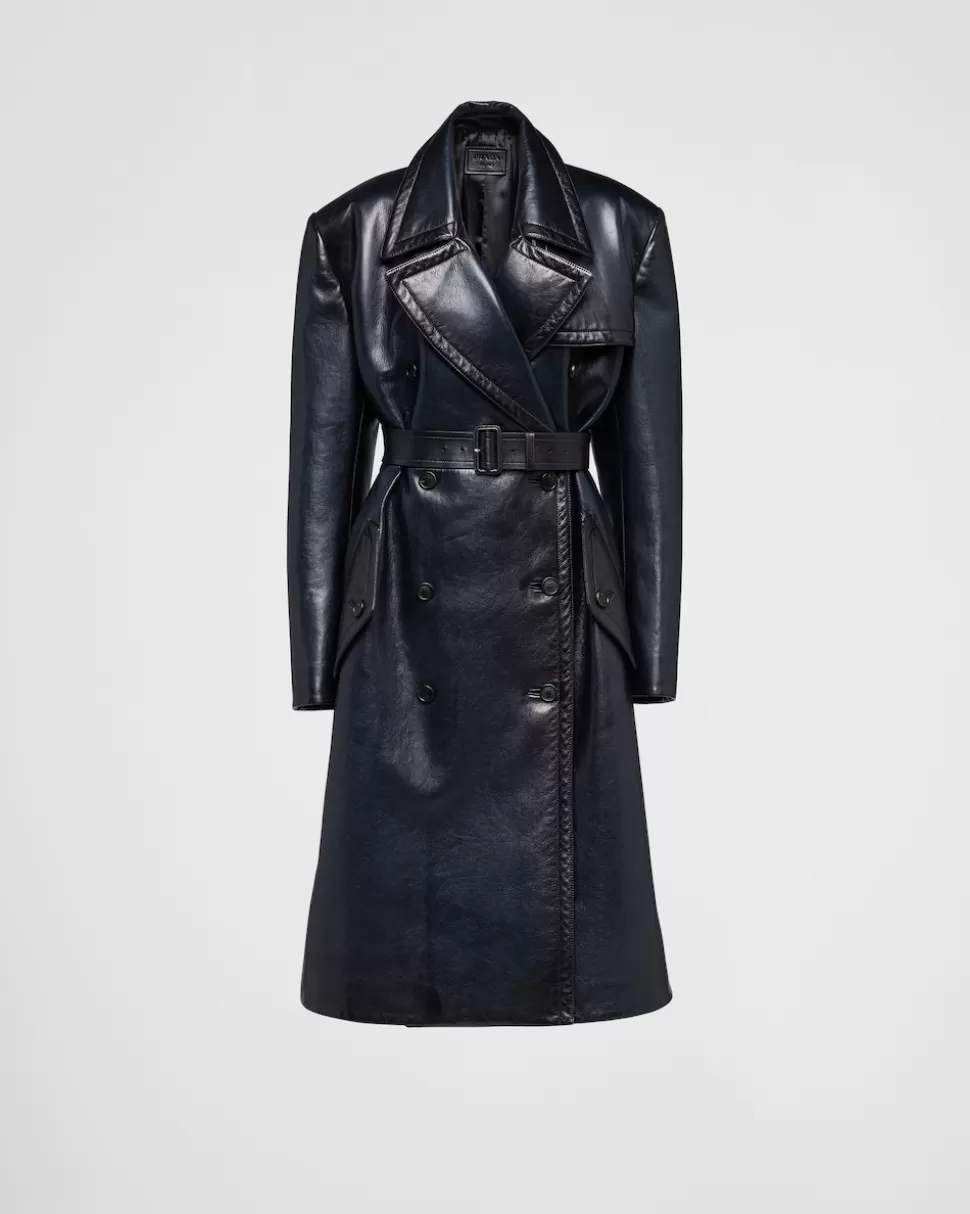 Flash Sale Prada Doppelreihiger Trenchcoat Aus Leder Blau