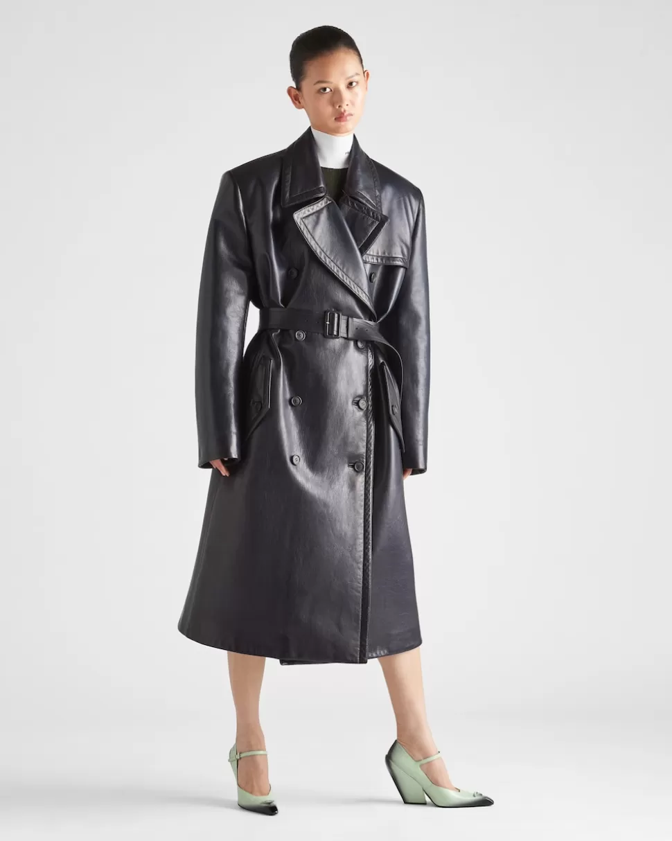 Flash Sale Prada Doppelreihiger Trenchcoat Aus Leder Blau