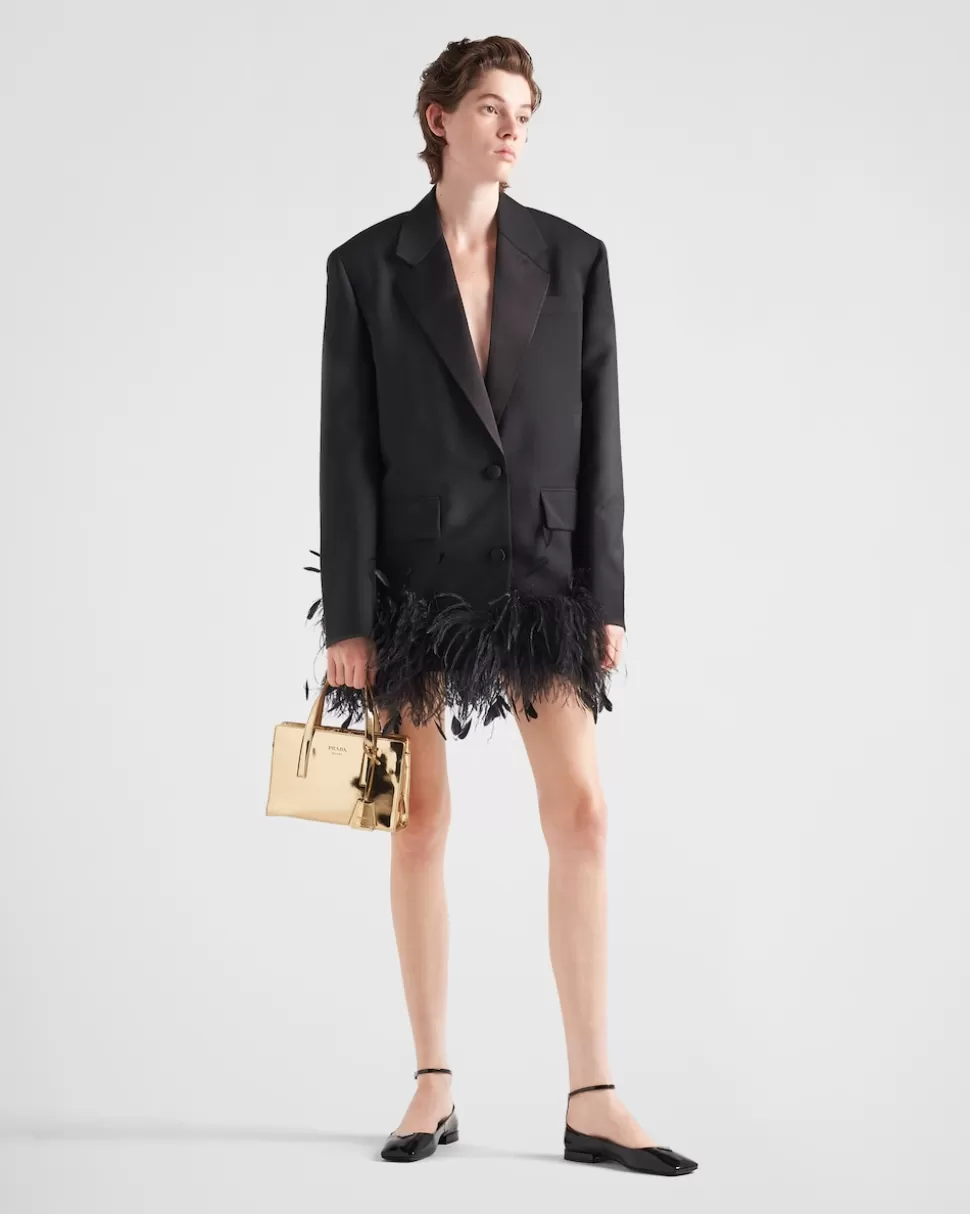Store Prada Einreihige Jacke Aus Kid Mohair Mit Federn Schwarz