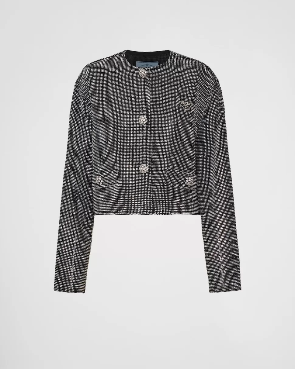 Fashion Prada Einreihige Jacke Aus Strassbesetztem Meshgewebe Hämatit