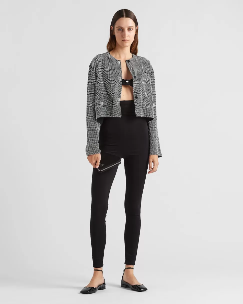 Fashion Prada Einreihige Jacke Aus Strassbesetztem Meshgewebe Hämatit