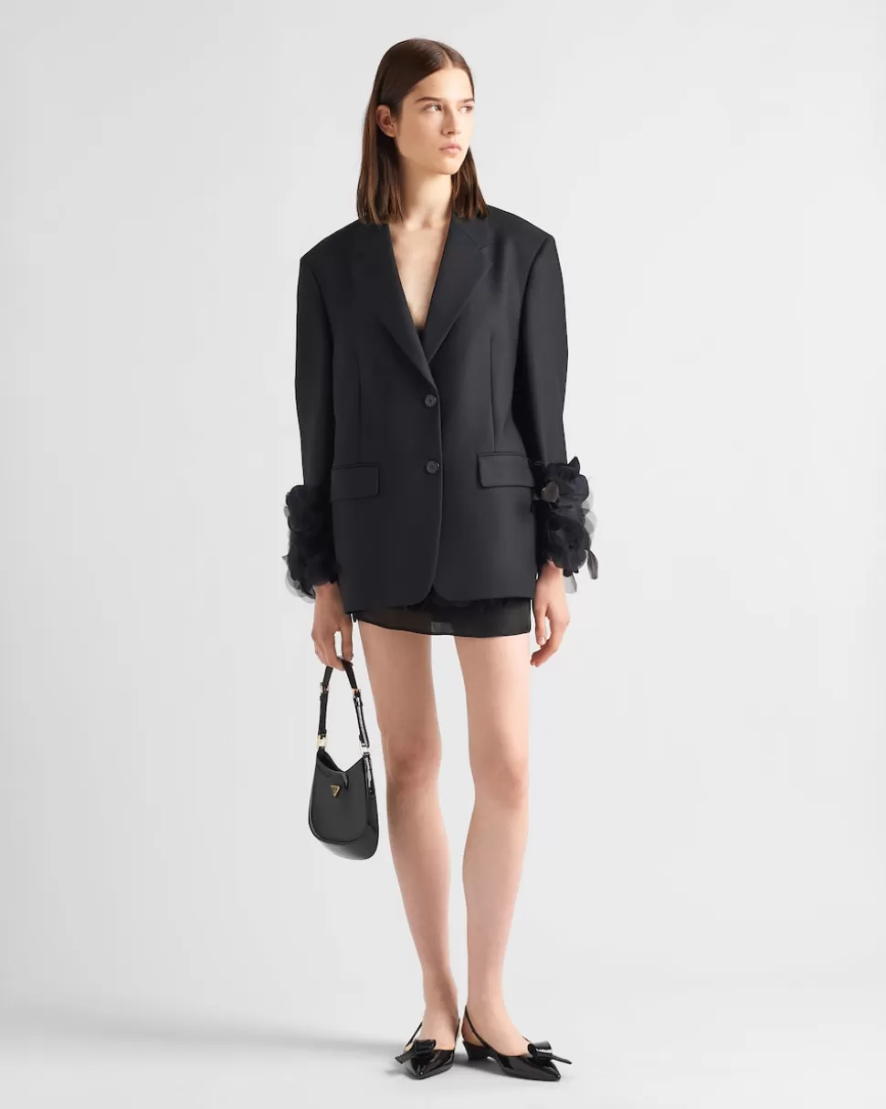 Shop Prada Einreihige Jacke Aus Wolle Mit Federbesatz Schwarz