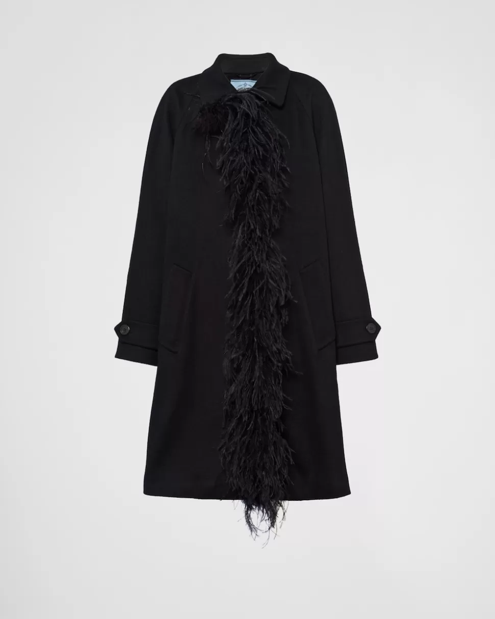 Fashion Prada Einreihiger Mantel Aus Kaschmir Mit Federn Schwarz
