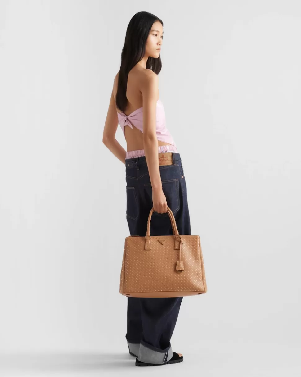 New Prada Extragroße Galleria Tasche Aus Leder Mit Nieten Schwarz