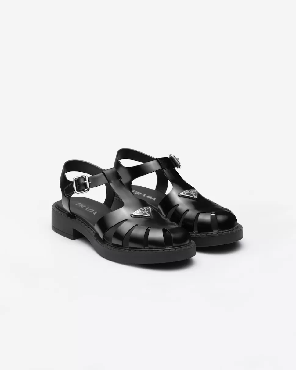 Sale Prada Fischersandalen Aus Gebürstetem Leder Schwarz