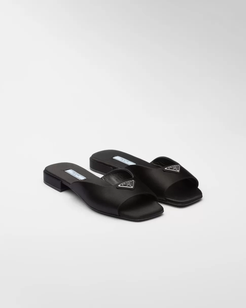 New Prada Flache Sandalen Aus Satin Schwarz
