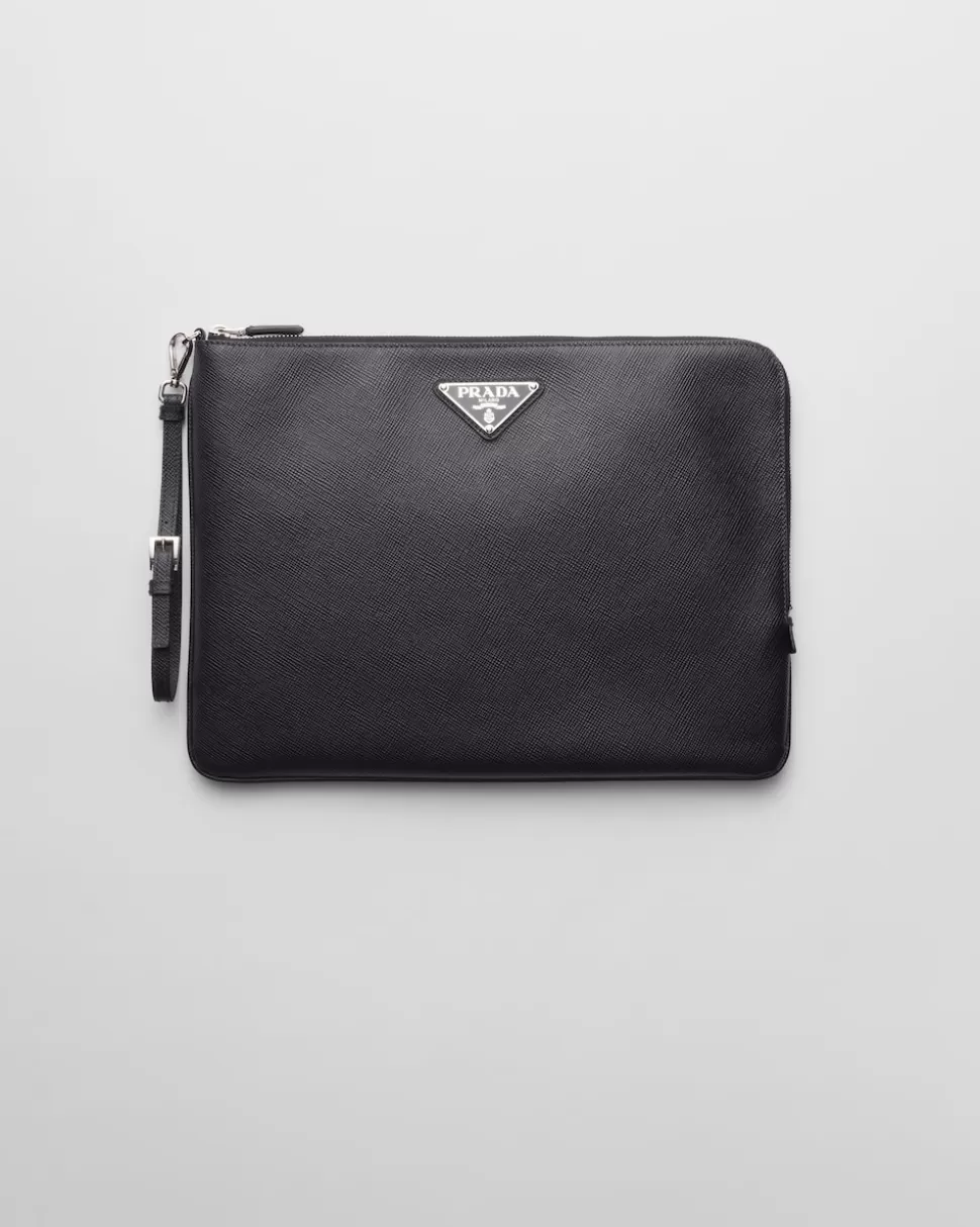 Clearance Prada Große Pouch Aus Saffiano-leder Schwarz