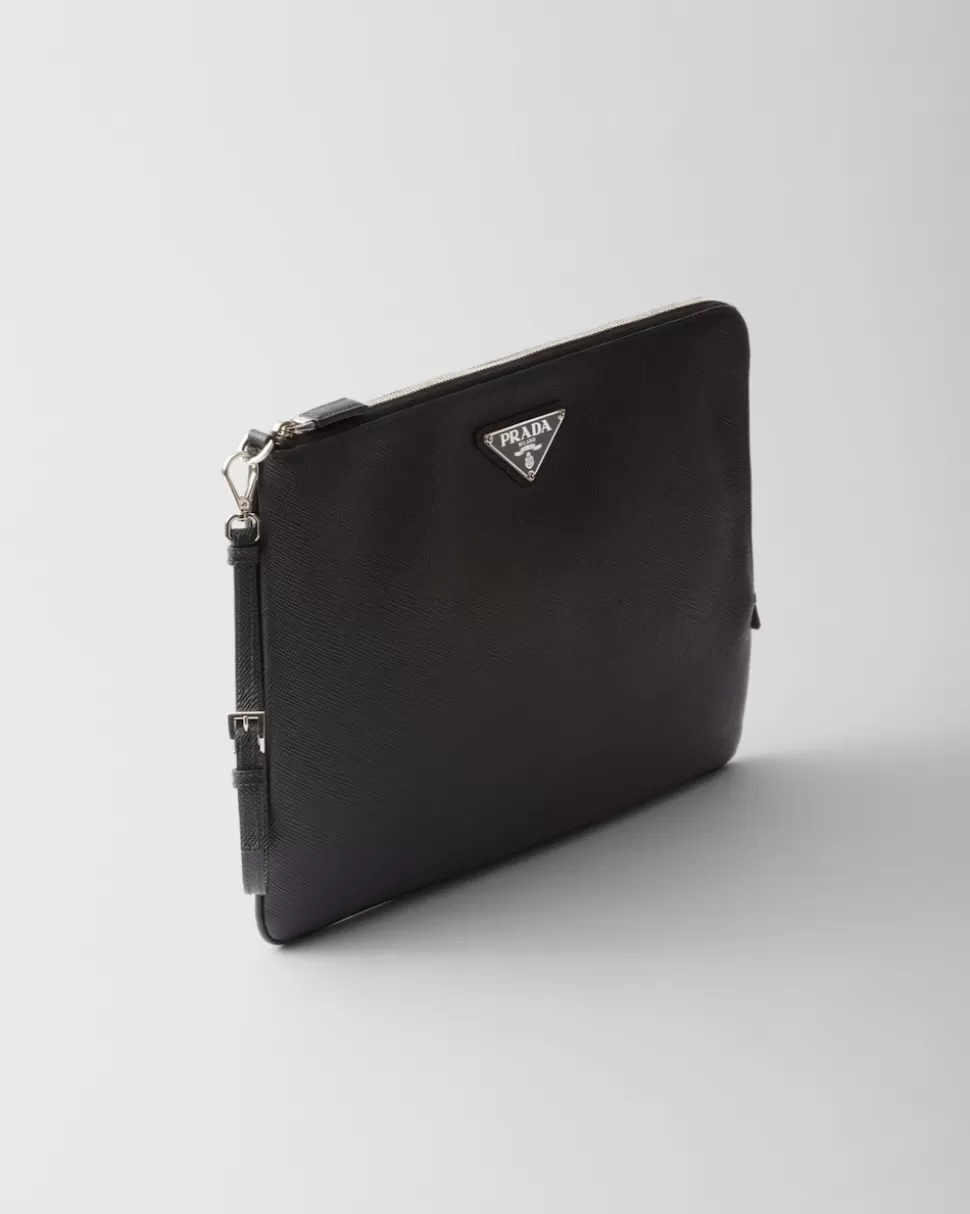Clearance Prada Große Pouch Aus Saffiano-leder Schwarz