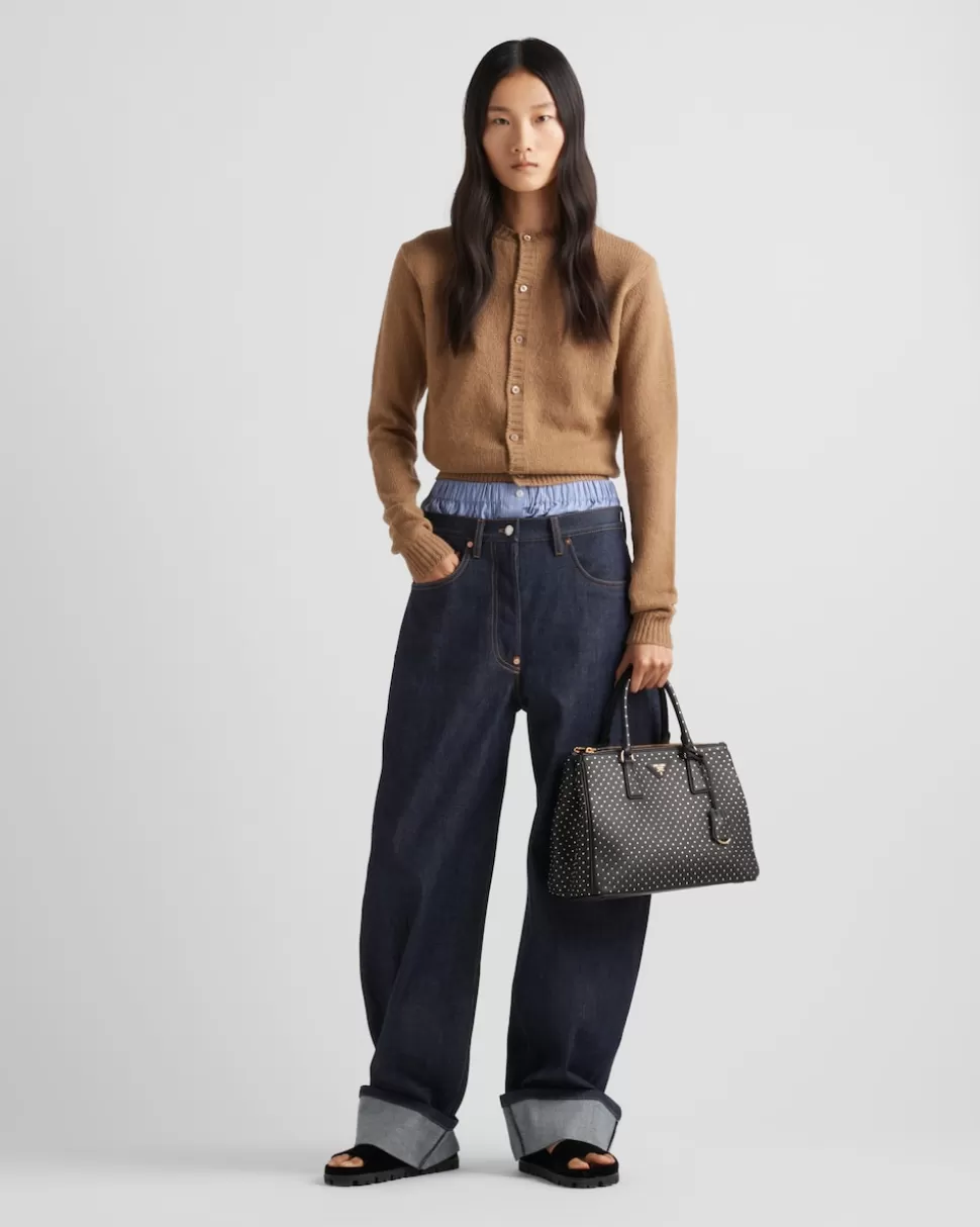 Store Prada Große Galleria Tasche Aus Leder Mit Nieten Schwarz
