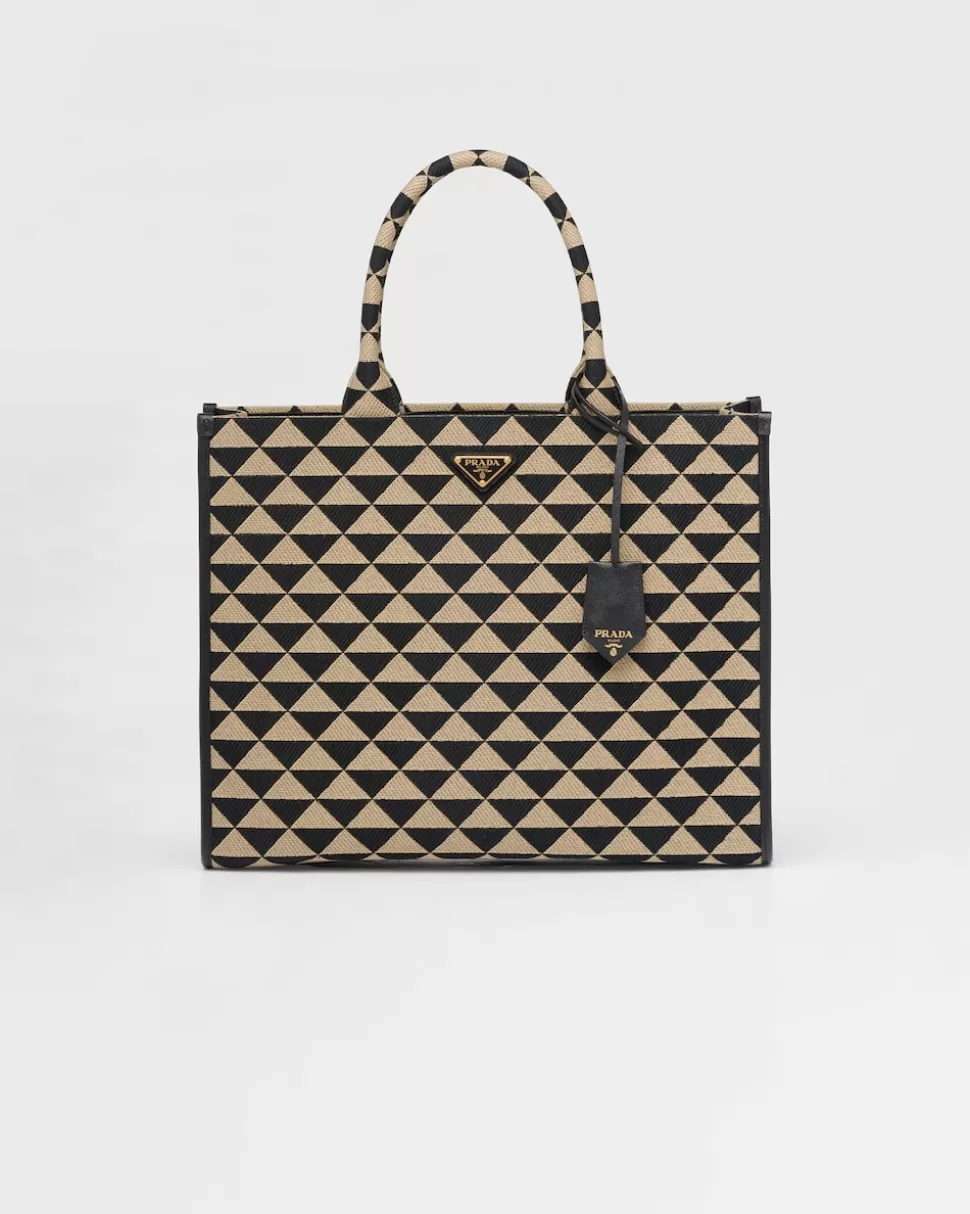 Cheap Prada Große Symbole Handtasche Aus Besticktem Stoff Ostseeblau/Kalkweiss