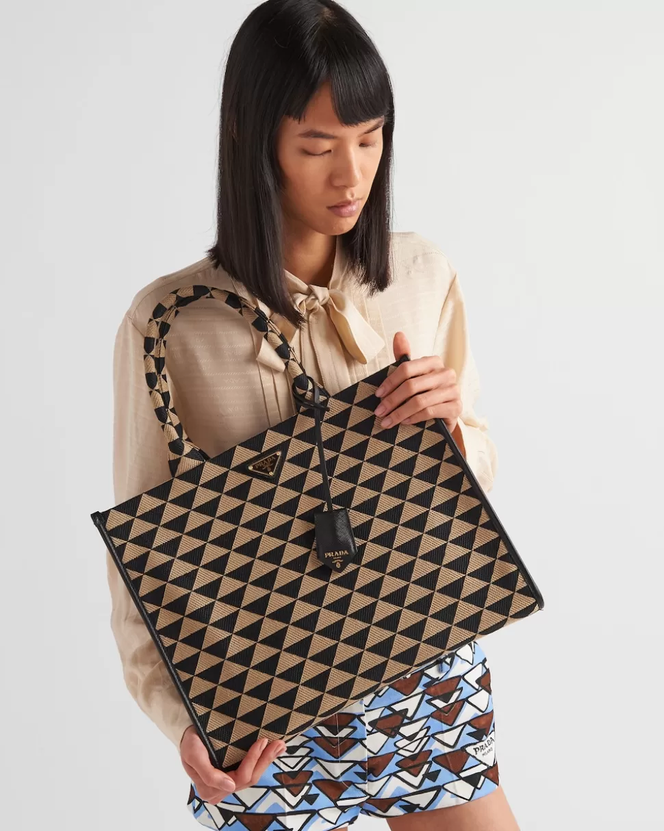 Cheap Prada Große Symbole Handtasche Aus Besticktem Stoff Ostseeblau/Kalkweiss