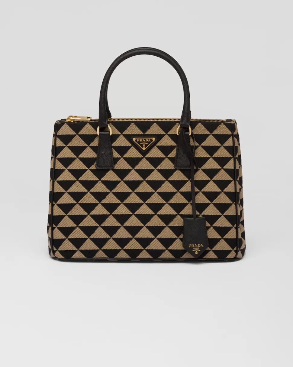 Shop Prada Große Symbole Tasche Aus Besticktem Stoff Schwarz/Beige