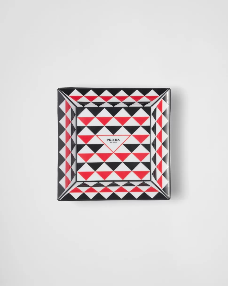Shop Prada Große Quadratische Ablageschale Aus Porzellan – Triangles Schwarz/Rot/Weiss