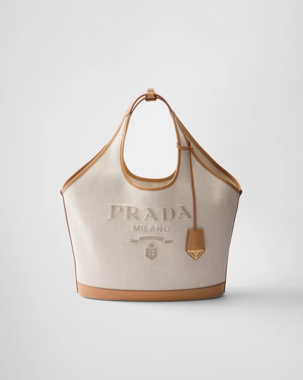 Fashion Prada Große Tote Bag Aus Leinenmischgewebe Und Leder Natur
