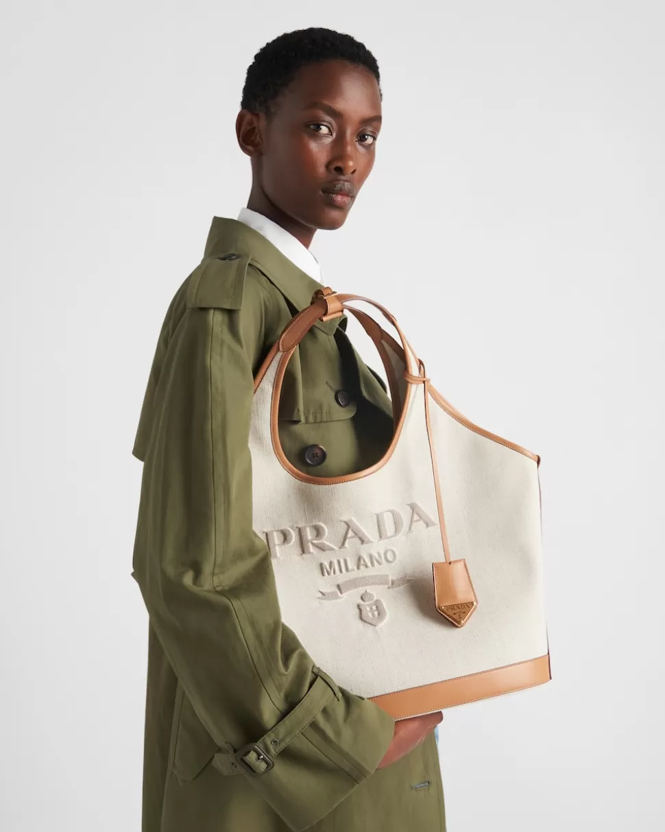 Fashion Prada Große Tote Bag Aus Leinenmischgewebe Und Leder Natur