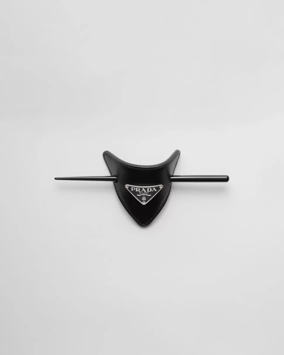 Sale Prada Haarklammer Aus Leder Schwarz