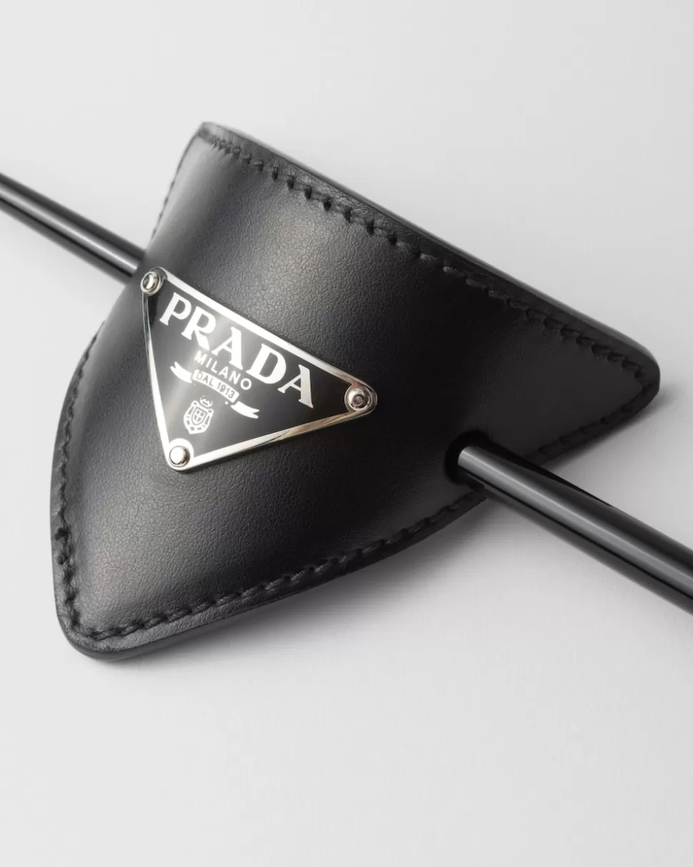 Sale Prada Haarklammer Aus Leder Schwarz