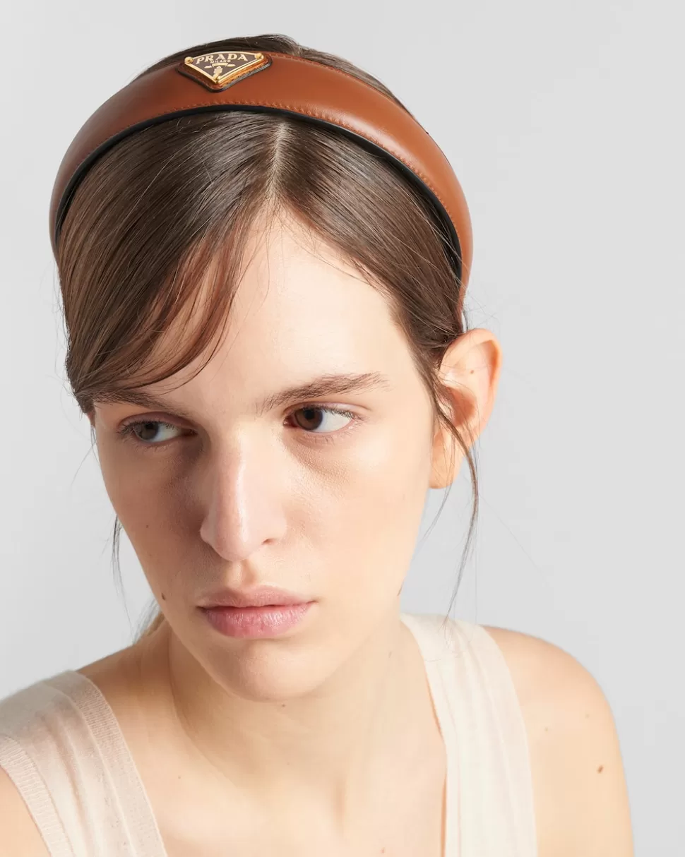 Discount Prada Headband Aus Leder Cognac