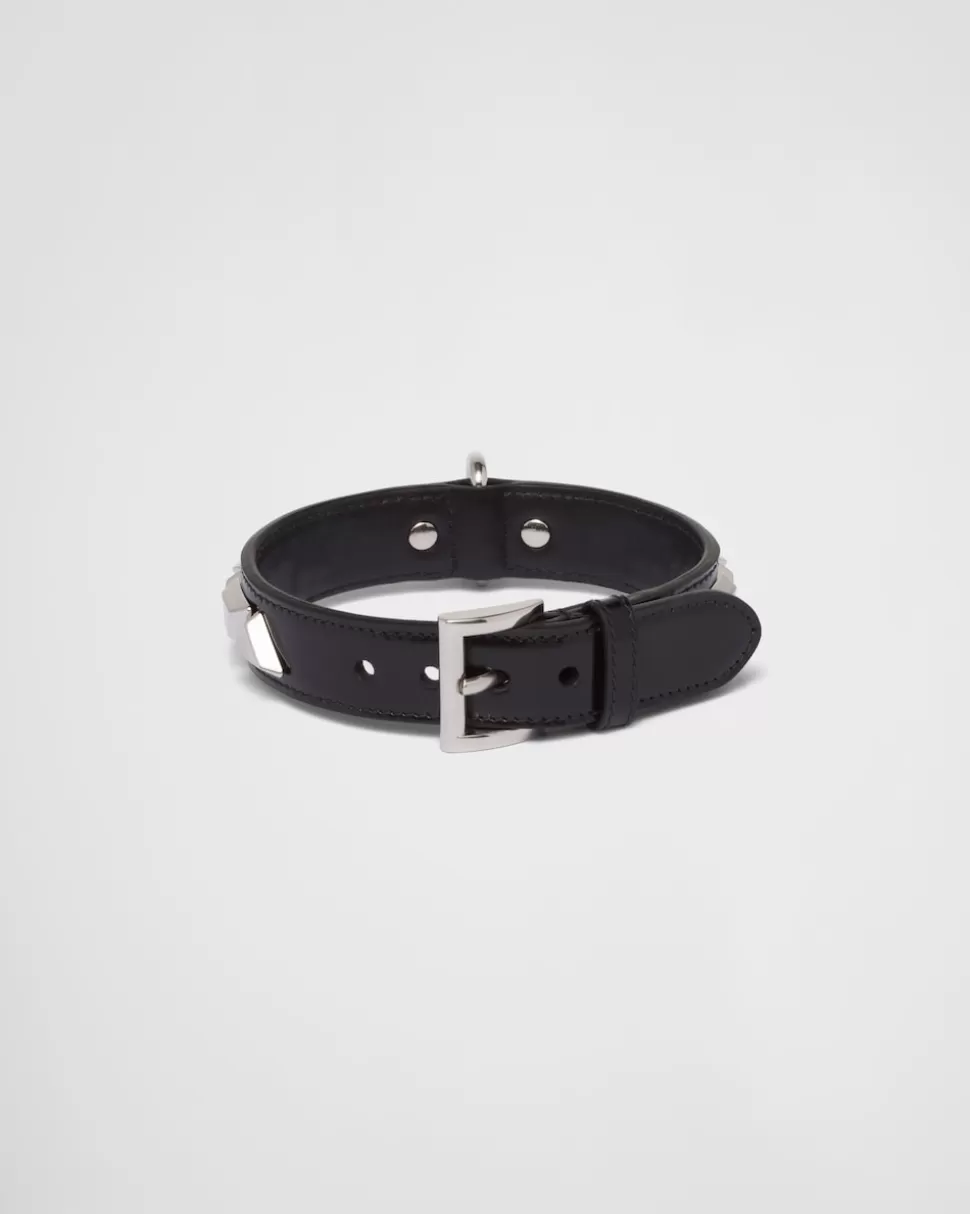 Flash Sale Prada Hundehalsband Aus Gebürstetem Leder Mit Nieten Schwarz