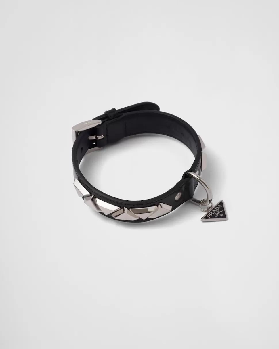 Flash Sale Prada Hundehalsband Aus Gebürstetem Leder Mit Nieten Schwarz