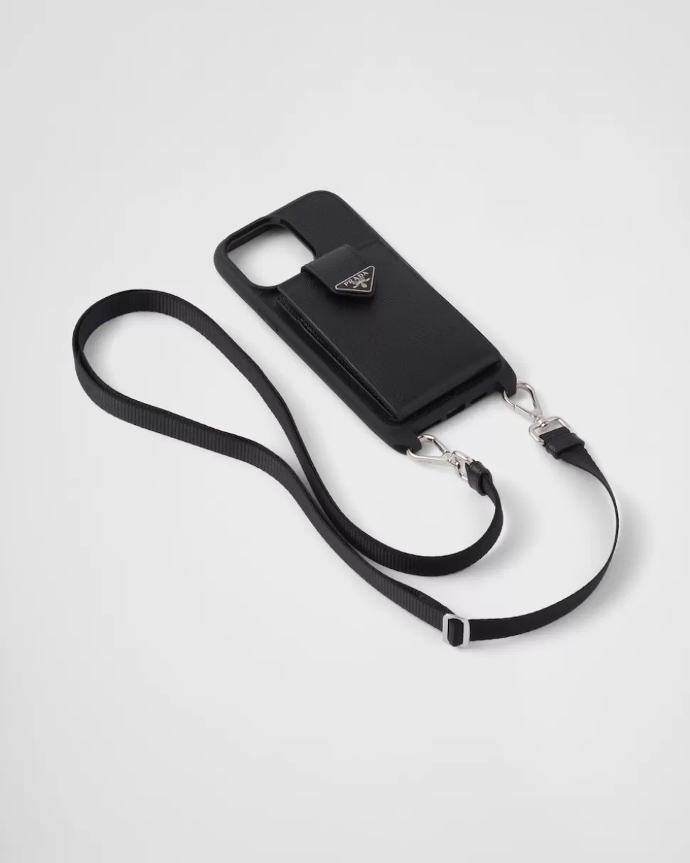 Online Prada Iphone-14-pro-max-hülle Aus Saffiano-leder Schwarz