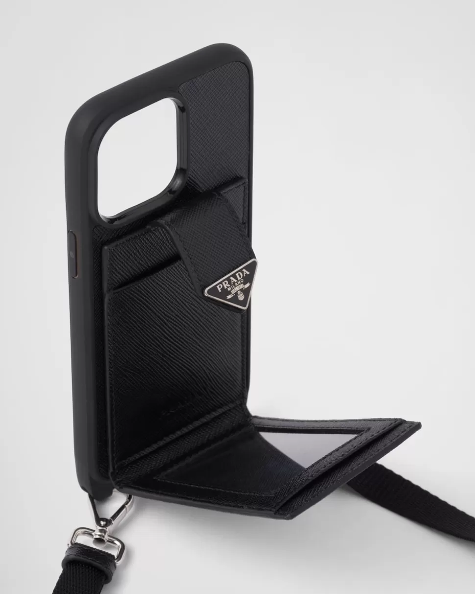Online Prada Iphone-14-pro-max-hülle Aus Saffiano-leder Schwarz