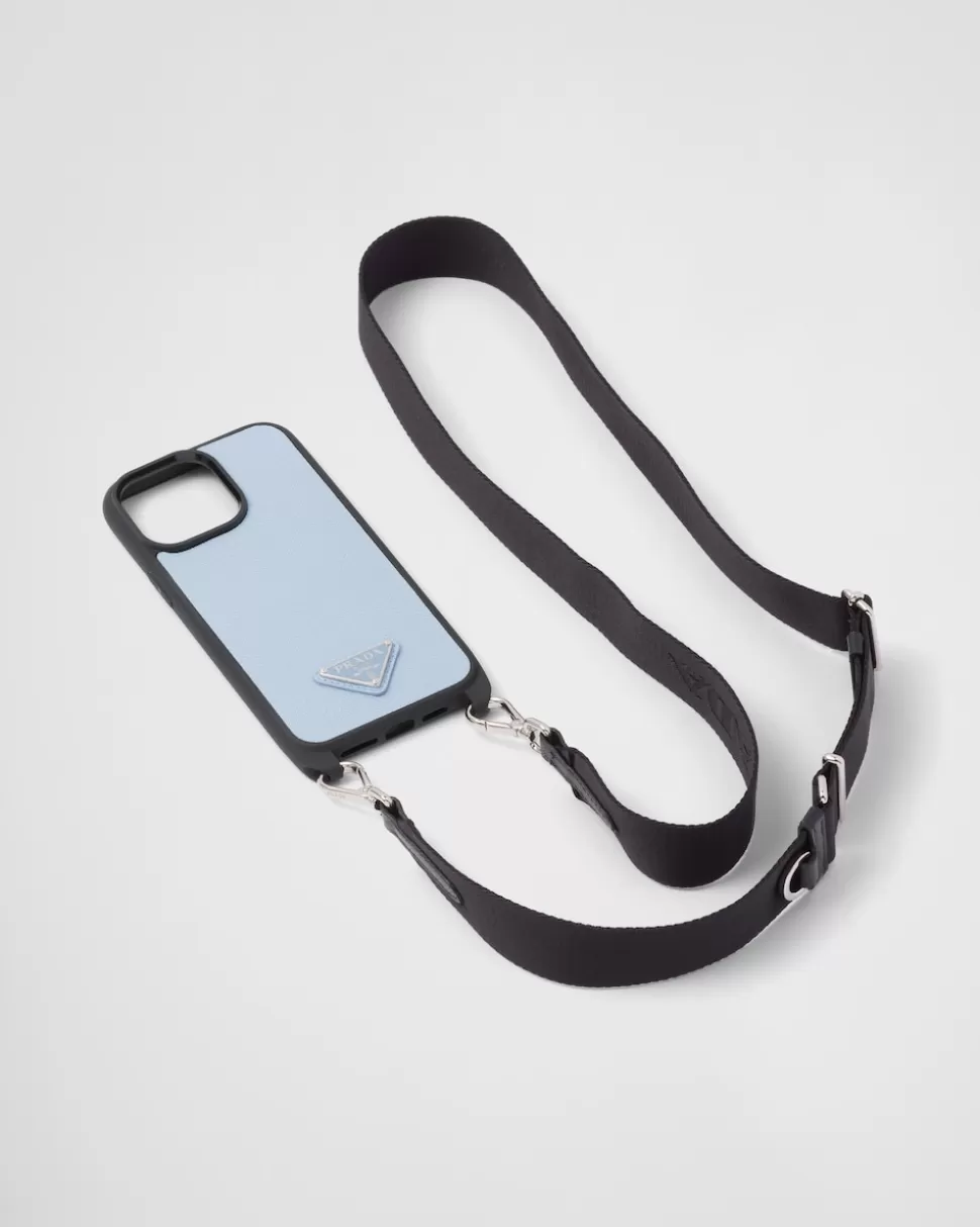 Outlet Prada Iphone-14-pro-max-hülle Aus Saffiano-leder Blassblau