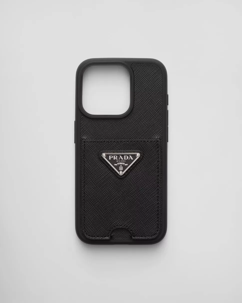 Store Prada Iphone-15-pro-hülle Aus Saffiano-leder Schwarz