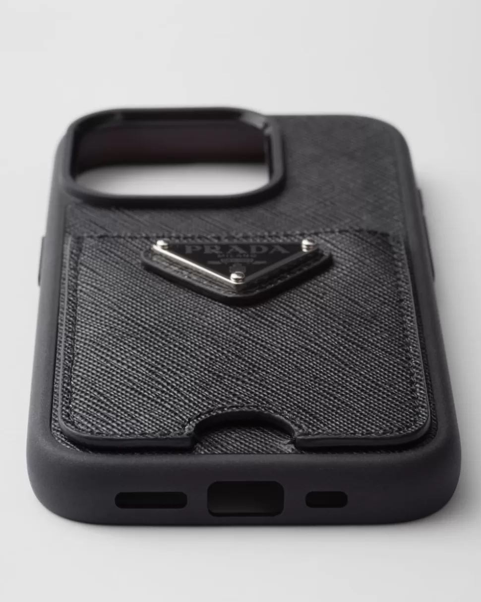 Store Prada Iphone-15-pro-hülle Aus Saffiano-leder Schwarz