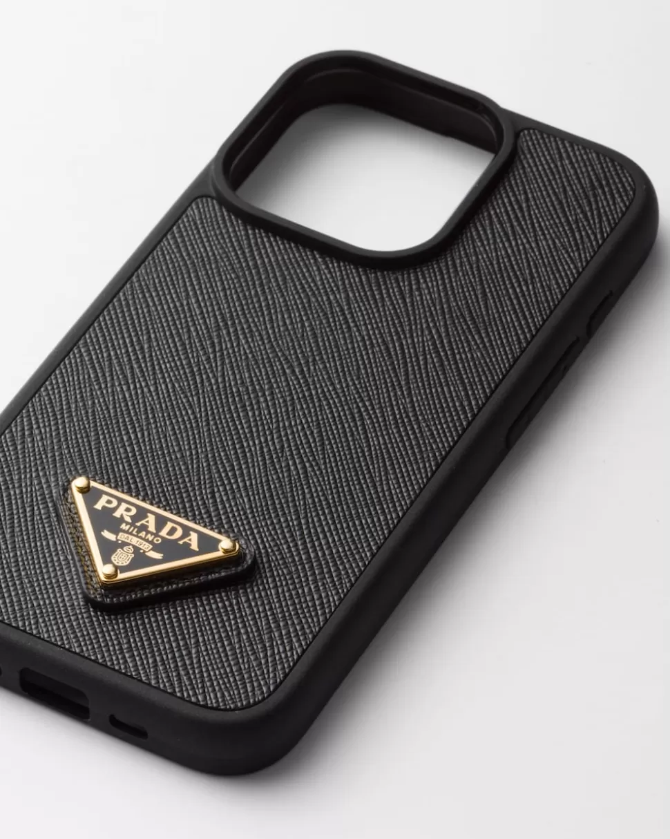 Shop Prada Iphone-15-pro-hülle Aus Saffiano-leder Schwarz