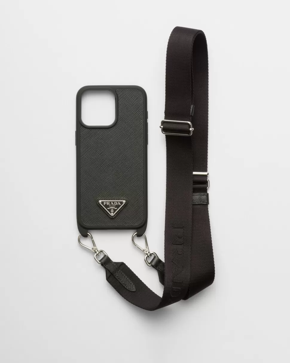 Online Prada Iphone-15-pro-max-hülle Aus Saffiano-leder Schwarz
