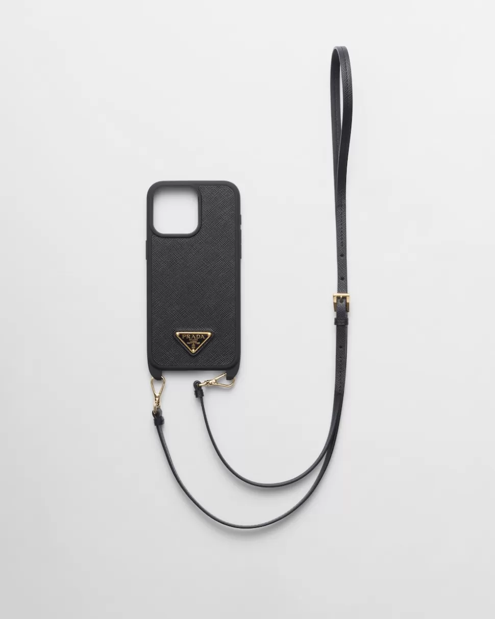 Store Prada Iphone-15-pro-max-hülle Aus Saffiano-leder Schwarz