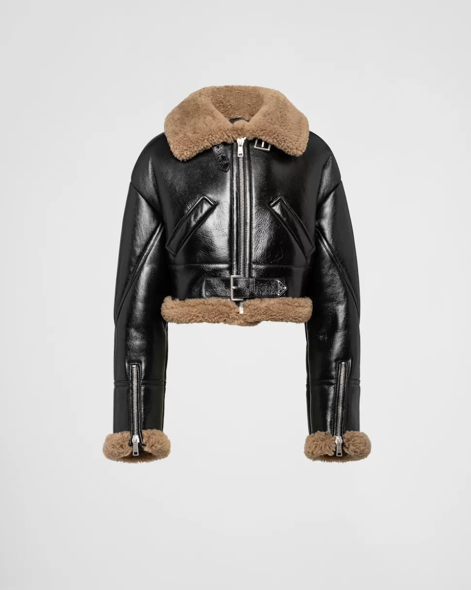 Store Prada Jacke Aus Lammfell Schwarz/Ahornbraun