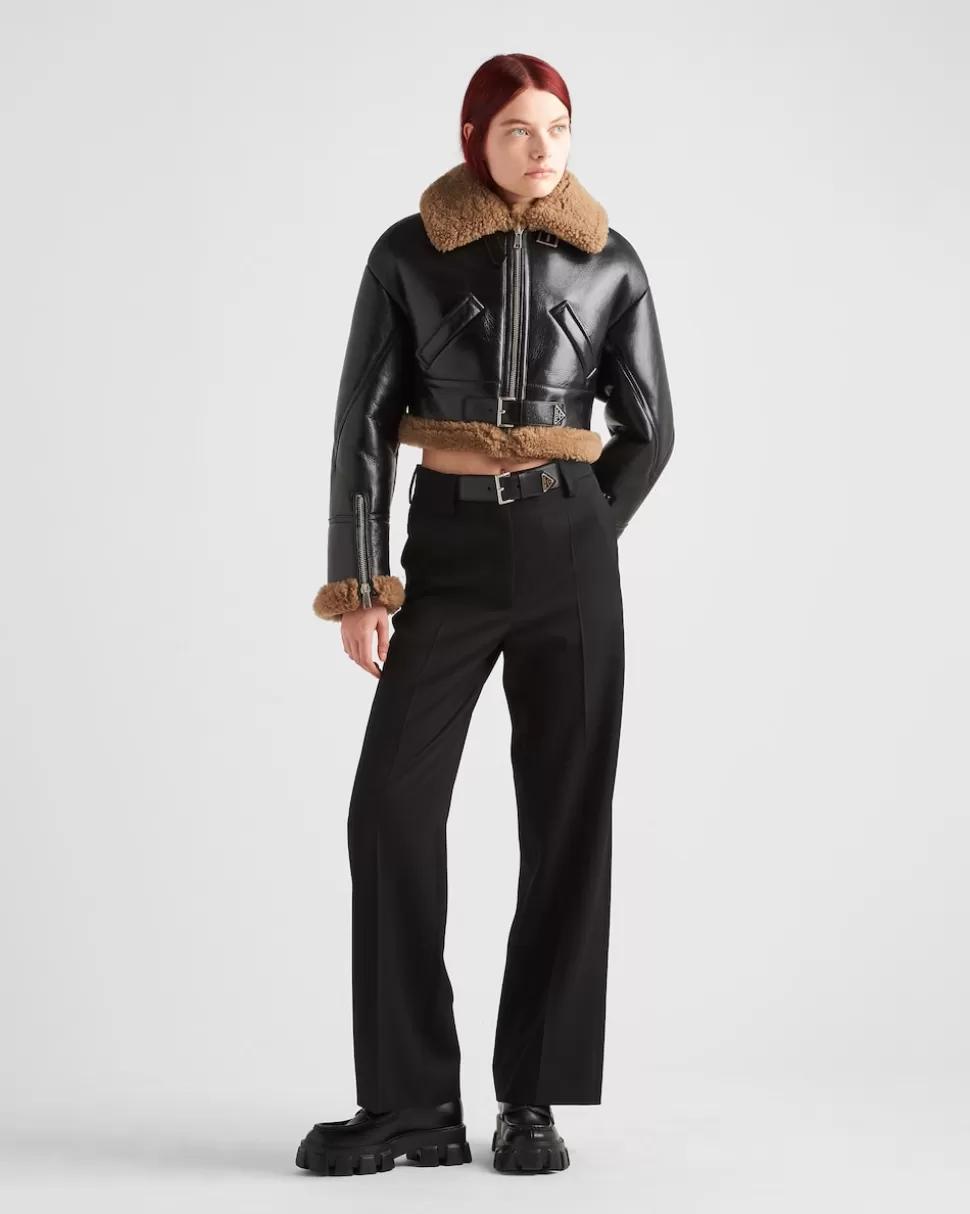 Store Prada Jacke Aus Lammfell Schwarz/Ahornbraun