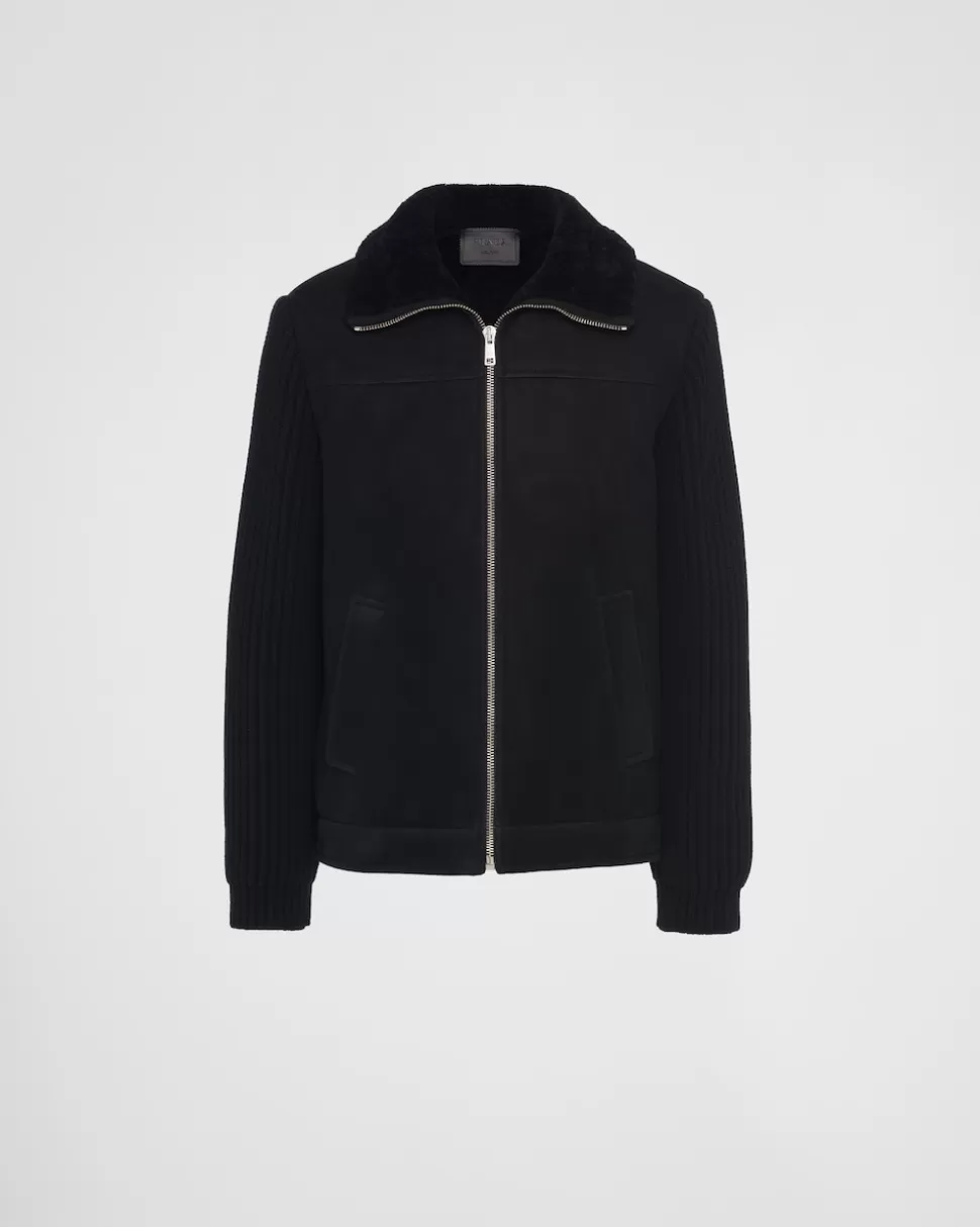 Best Sale Prada Jacke Aus Lammfell Und Strick Schwarz/Schwarz