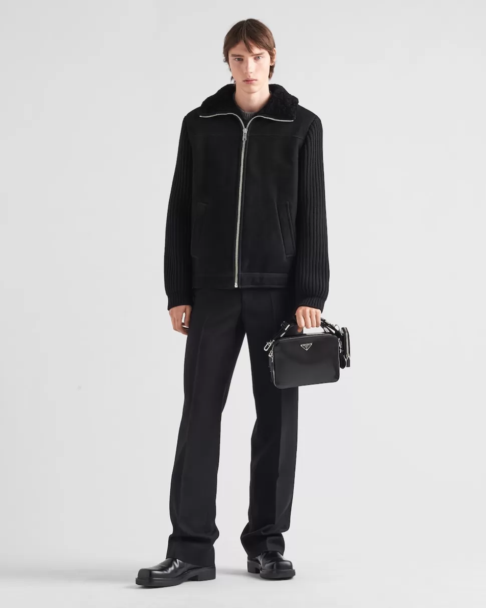 Best Sale Prada Jacke Aus Lammfell Und Strick Schwarz/Schwarz
