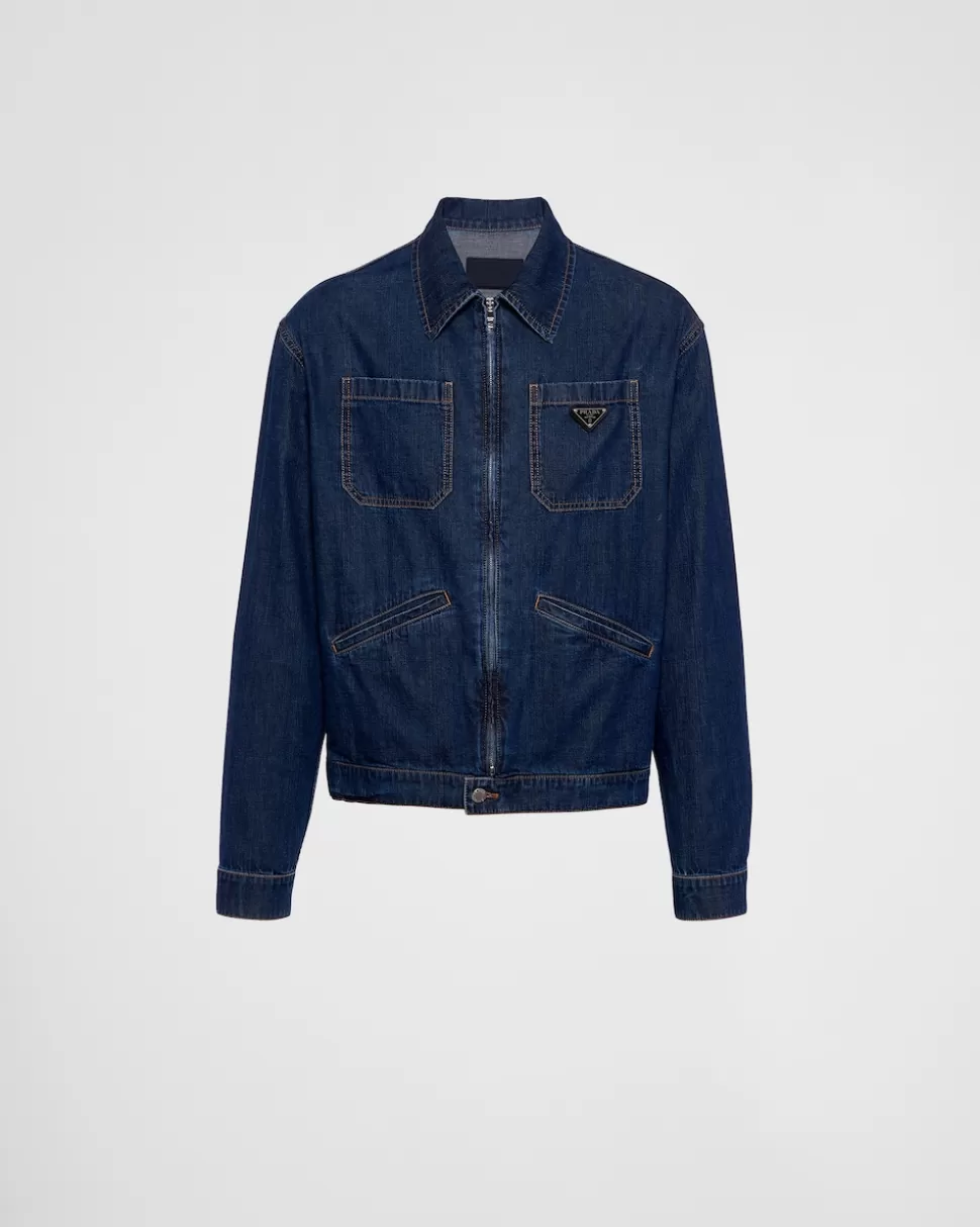 New Prada Jacke Aus Leichtem Denim Mit Reißverschluss Blau
