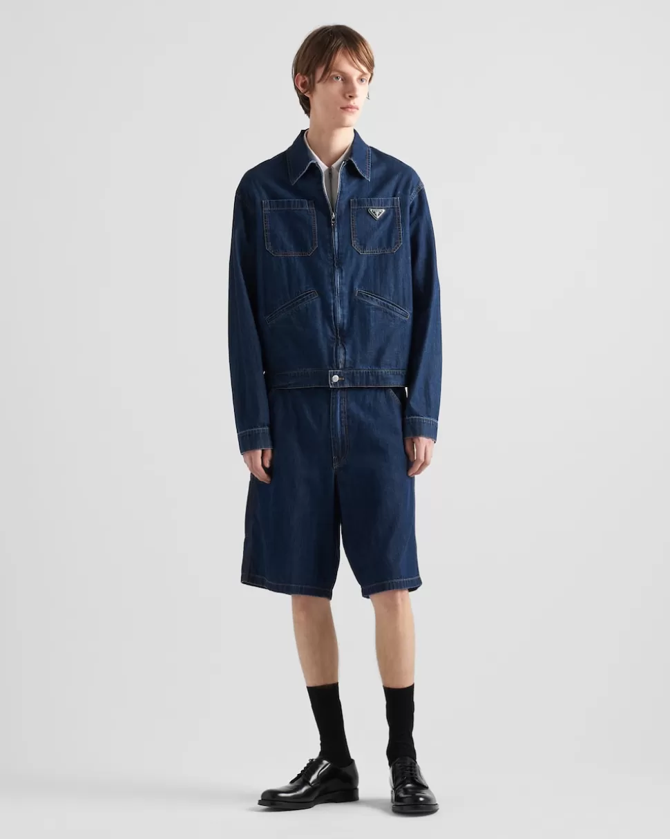 New Prada Jacke Aus Leichtem Denim Mit Reißverschluss Blau