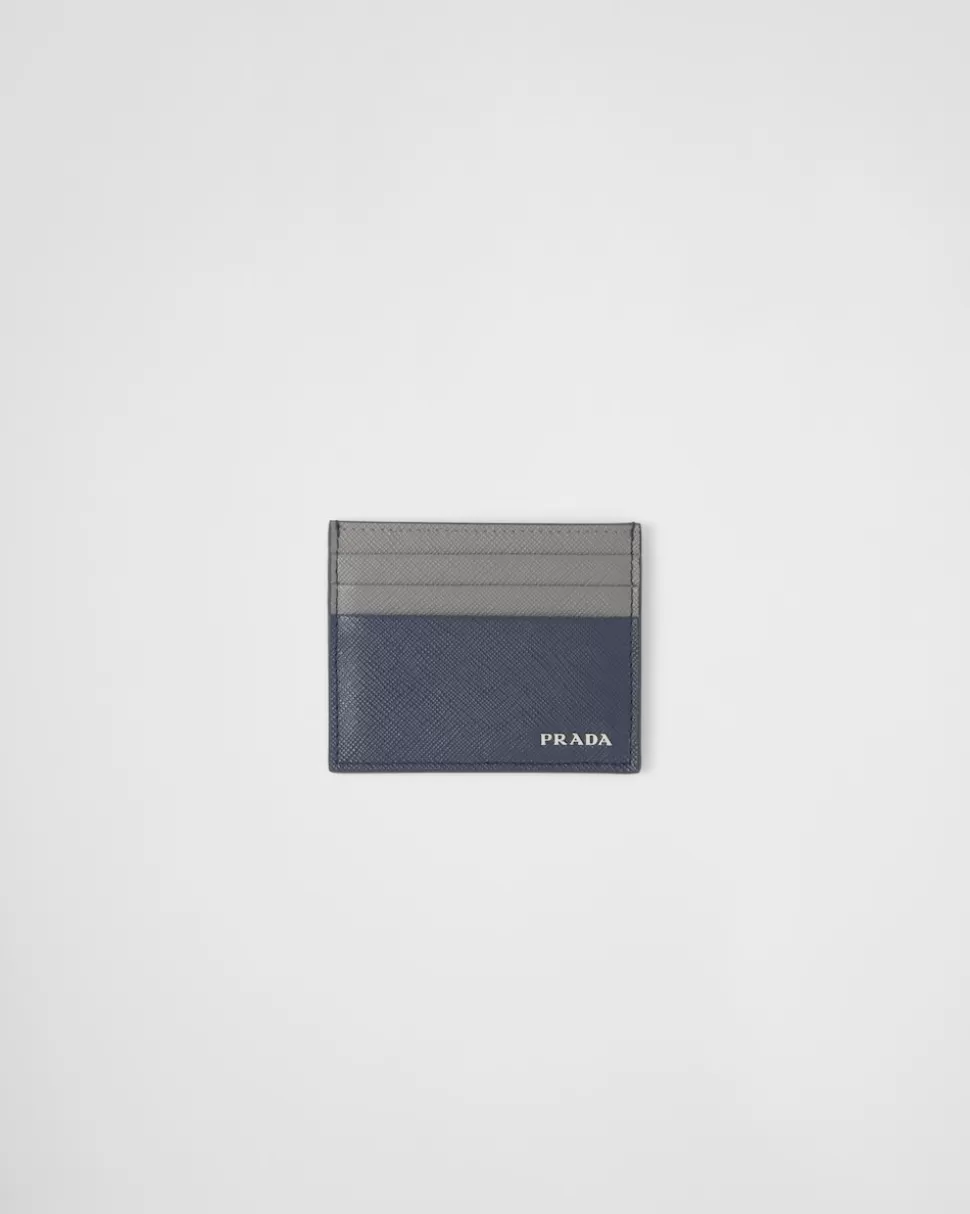 Fashion Prada Kartenetui Aus Saffiano-leder Schwarz/Ostseeblau
