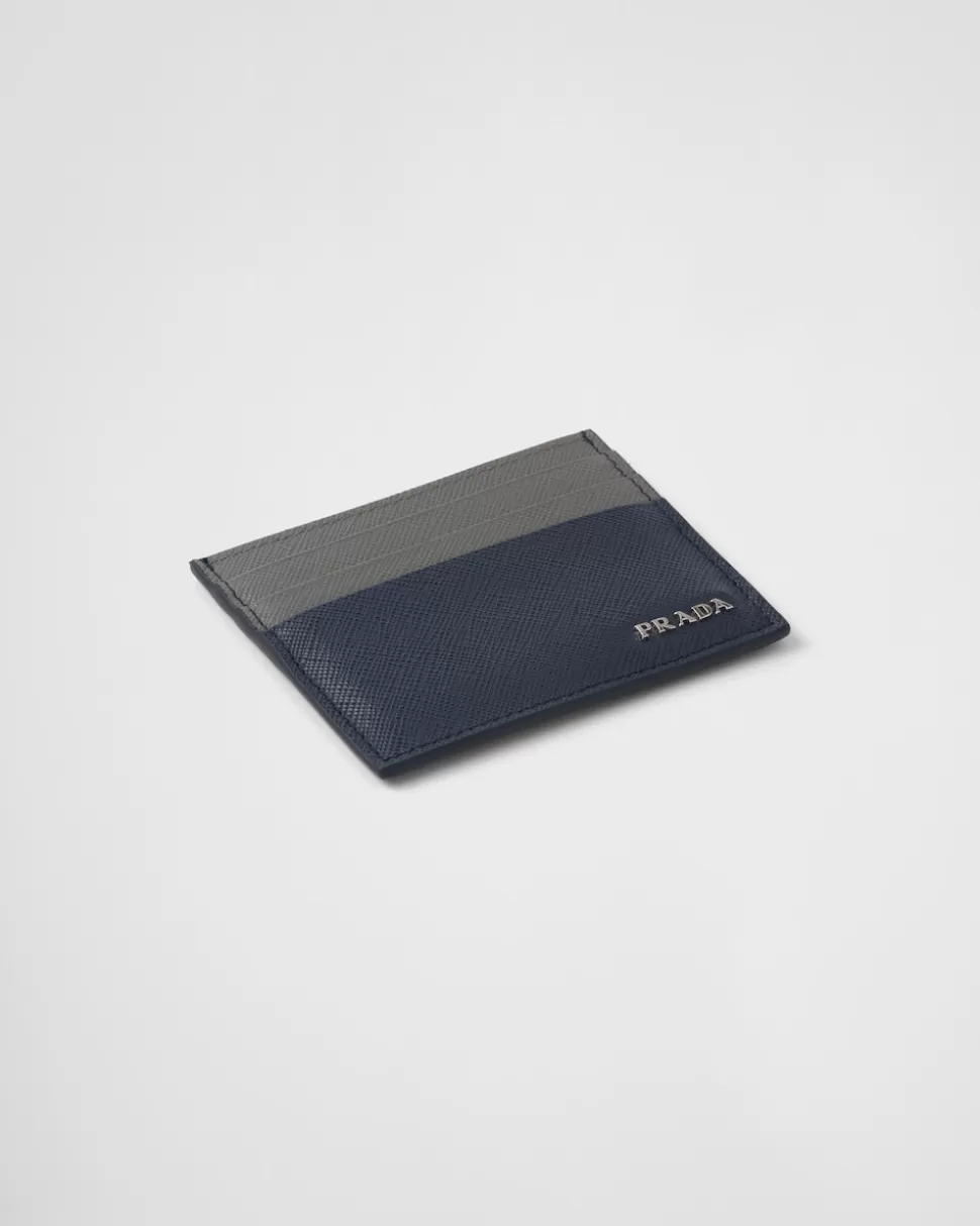 Fashion Prada Kartenetui Aus Saffiano-leder Schwarz/Ostseeblau