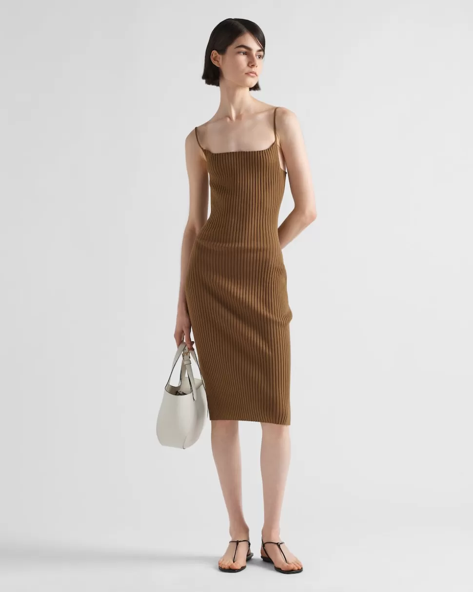 Clearance Prada Kleid Aus Gerippter Baumwolle Korkbeige