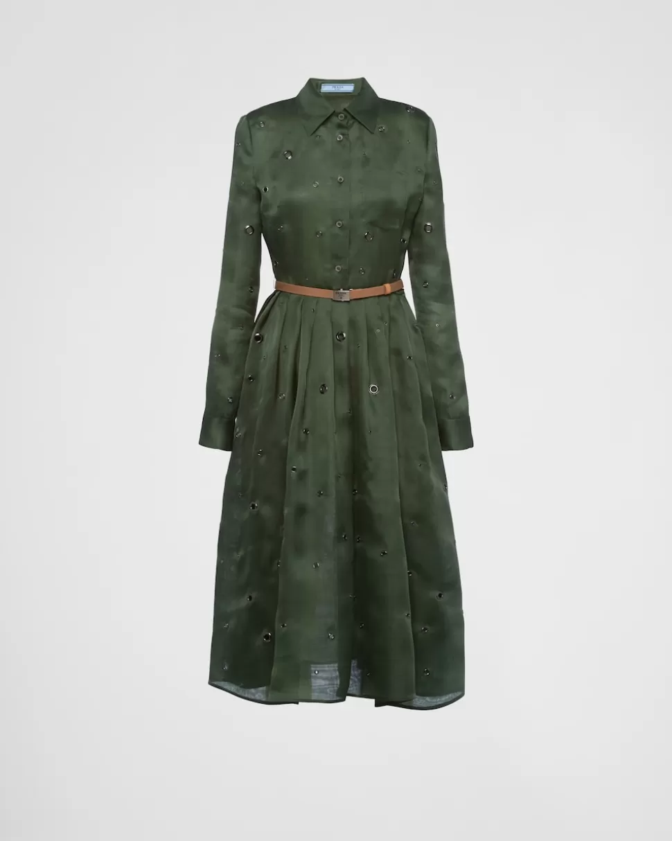 Clearance Prada Kleid Aus Organza Mit ÖSenverzierung Grün