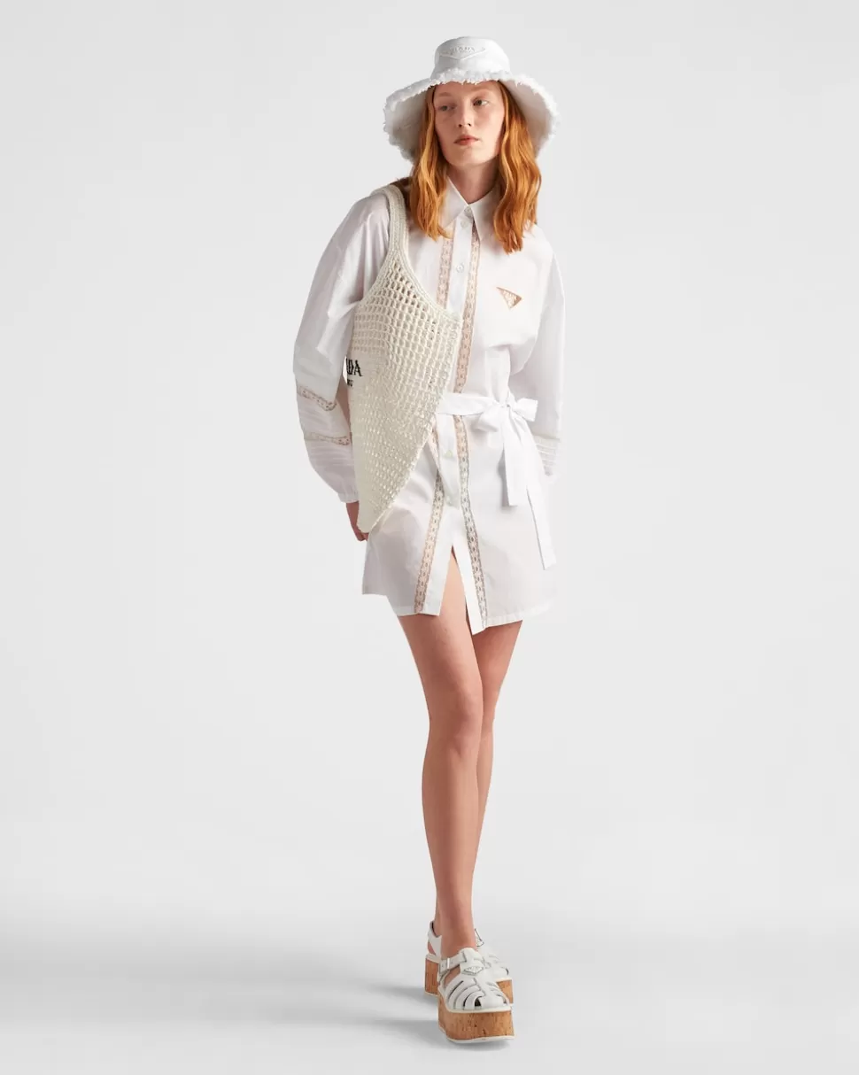 Cheap Prada Kleid Aus Popeline Mit Intarsie Weiss