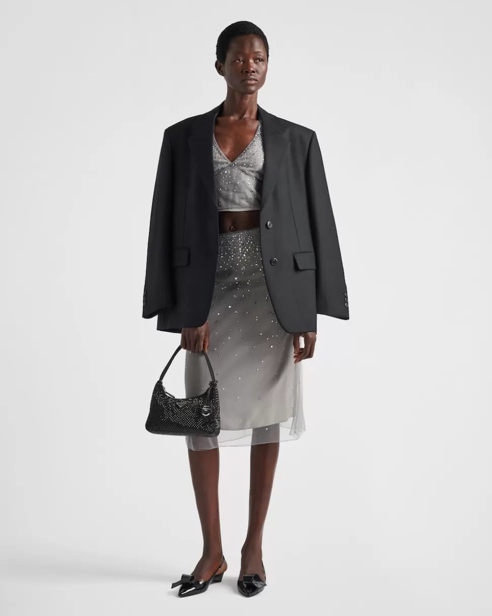 New Prada Kristallbesetzter Midirock Aus Tüll Granitgrau